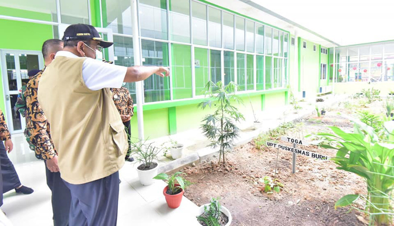 Bupati Karimun Aunur Rafiq meninjau tanaman obat keluarga (Toga) di samping gedung UPT Puskesmas Buru yang baru diresmikan.