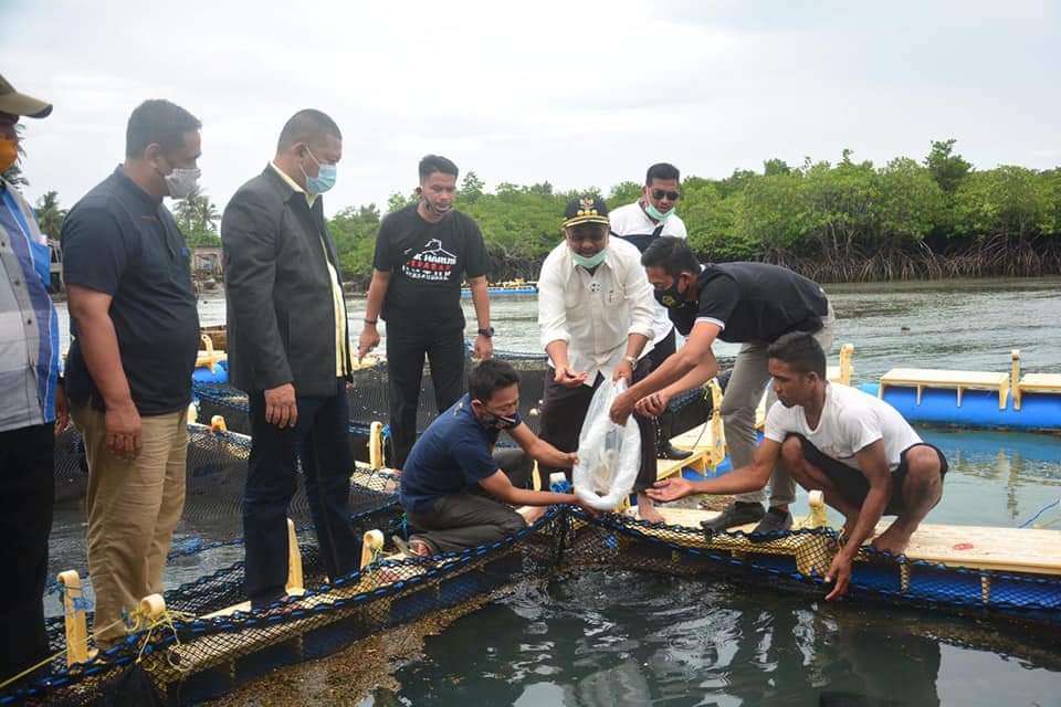 Foto saat Bupati Karimun melepas sejumlah bibit ikan kerapu, ke kerambah milik nelayan Desa Keban. Foto (Ist)