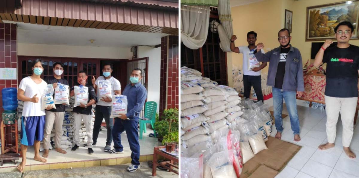 Pengurus IWO Riau berfoto bersama usai menerim bantuan 3 ton beras dari Polda Riau untuk selanjutnya didistribusikan kepada masyarakat. (foto: Dok. Humas IWO Riau)