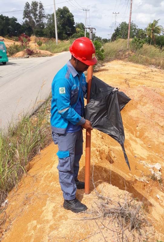 layangan nyangkut di kabel listrik Petugas PLN Karimun menurunkan layangan yang nyangkut di jaringan listrik. PLN Karimun imbau warga tidak bermain layangan dekat kabel listrik. (foto: Dok. PLN Karimun)