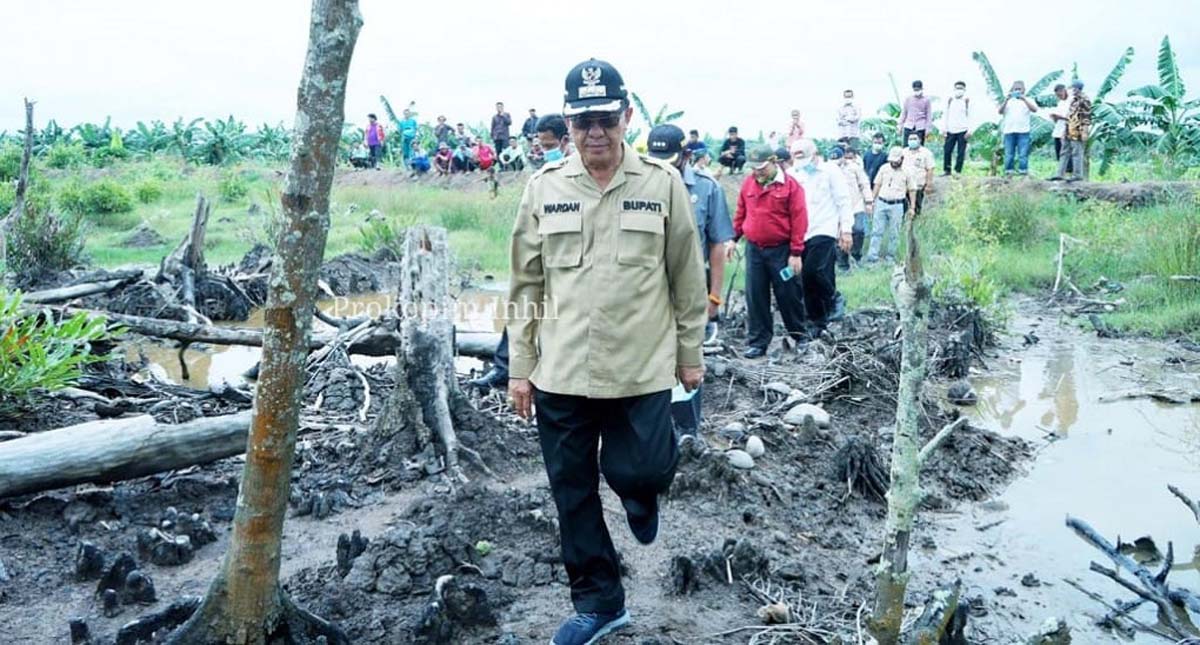 Bupati Inhil HM Wardan menyusuri pinggir Sungai Belanak yang terkena abrasi, Rabu (4/11/2020). (foto: Dok. Humas Prokopim Pemkab Inhil)