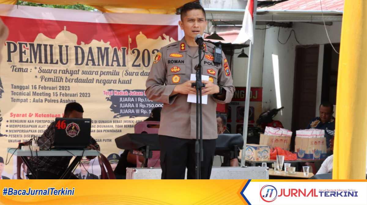 Kapolres Asahan AKBP Roman Smaradhana Elhaj membuka Lomba Mural Pemilu Damai 2024, yang diselenggarakan oleh Perhimpunan Mahasiswa Asahan Seluruh Indonesia (Permasi) Kabupaten Asahan, Kamis (16/02/2023). (JurnalTerkini.id/rizki)