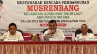 Musrenbang Bunguran Timur laut Bupati Natuna, Wan Siswandi didampingi Wakil Bupati dan Ketua Dewan Perwakilan Rakyat Daerah (DPRD) Natuna, Daeng Amhar secara resmi membuka Musyawarah Rencana Pembangunan Tingkat Kecamatan. Bertempat di Aula Kantor Camat Bunguran Timur Laut Kabupaten Natuna. Rabu 8 Februari 2023 (foto/ist)