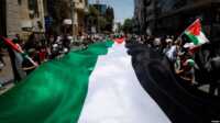 HUT Nakba palestiba Warga Palestina melakukan aksi unjuk rasa untuk memperingati 75 tahun "Nakba" di kota Ramallah, Tepi Barat yang diduduki Israel, Senin 15 Mei 2023.