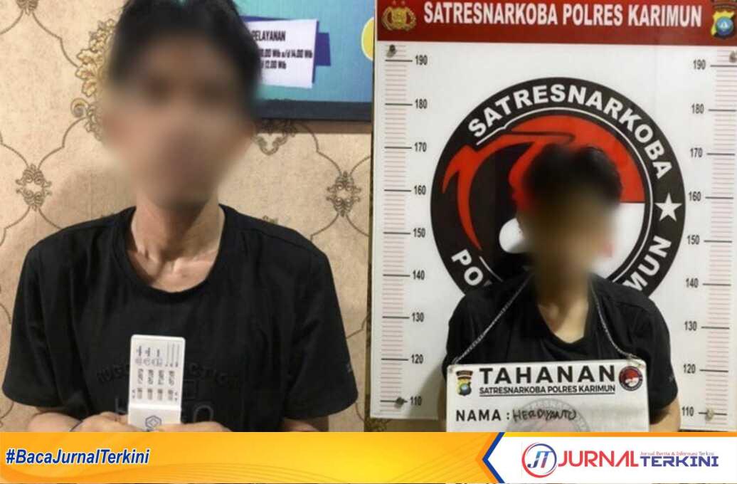 Pria berinisial HE (41), seorang pengedar narkoba jenis sabu dan pil ekstasi setelah diamankan Satresnarkoba Polres Karimun, Rabu (21/6/2023). (Dok Humas Polres Karimun)
