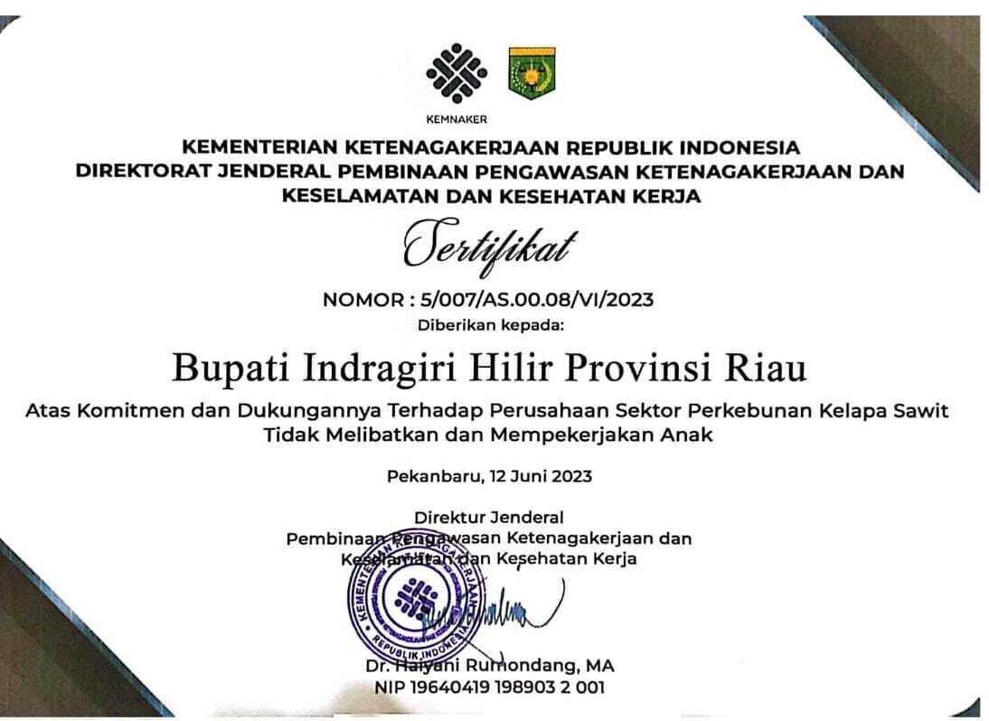 sertifikat kemenaker untuk inhil