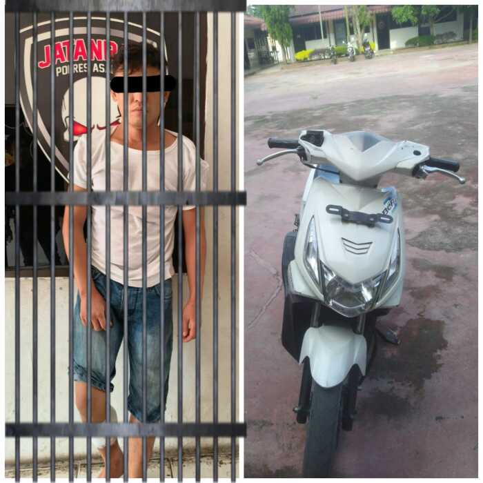 pencuri motor di kisaran Tersangka berikut barang bukti motor beat yang diduga dicuri setelah diamankan Polres Asahan. (Dok Polres Asahan)