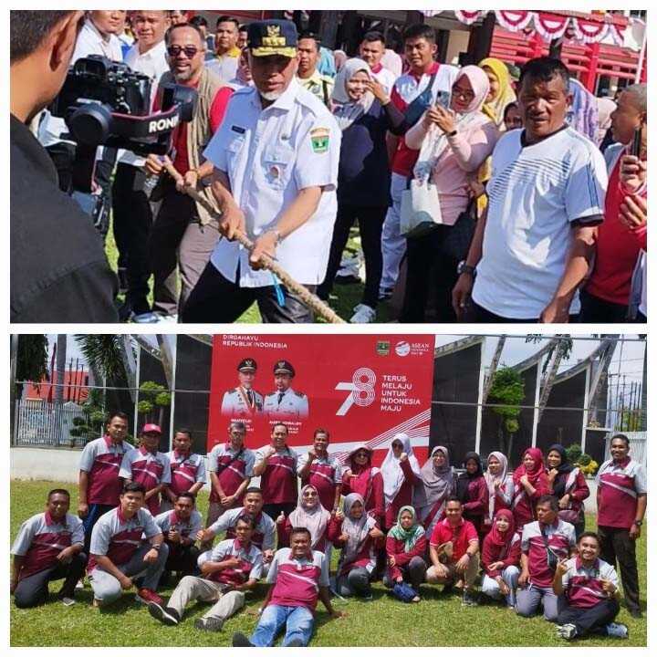 Foto atas: Gubernur Sumatera Barat Buya Mahyeldi memperkuat salah satu OPD yaitu Dispora dalam lomba tarik tambang antar-OPD yang digelar dalam rangka memeriahkan HUT RI ke-78, di halaman Kantor Gubernur, Rabu (9/8/2023). Foto bawah: Panitia pelaksana berfoto bersama (sumbar.siberindo.co)