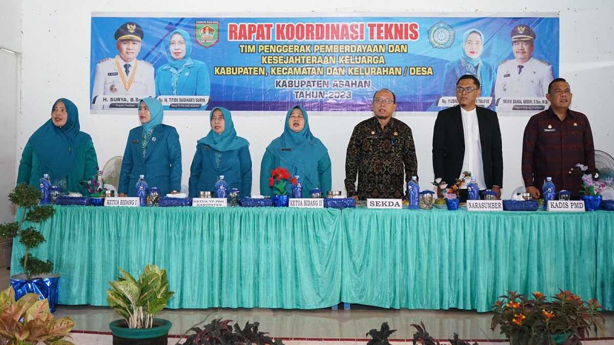 Sekda Asahan John Hardi Nasution (3 kanan) membuka Rapat Koordinasi Teknis (Rakornis) TP PKK Kabupaten Asahan periode Agustus di Aula Balai Karyawan PTPN II Perkebunan Pulau Mandi Desa Buntu Pane Kecamatan Buntu Pane, Kamis (31/08/2023). (Dok. diskominfo asahan)