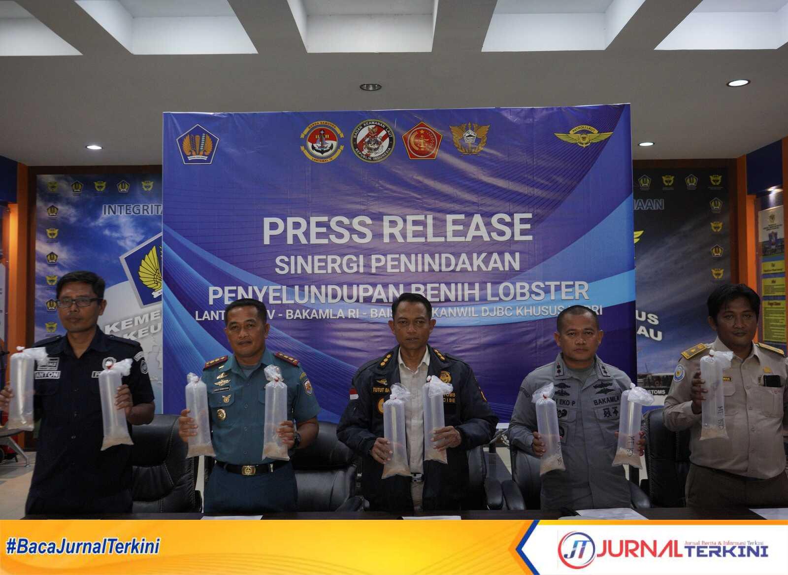 Kanwil BC Khusus Kepri menggelar konferensi pers terkait penggagalan penyelundupan benih lobster di Kanwil BC Khusus Kepri, Meral, Karimun, Selasa (24/10/2023). (JurnalTerkini.id/Yogi)