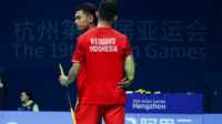 fajar-rian di asian games Fajar/Rian usai dikalahkan wakil Taiwan Lee Yang/Wang Chi Lin dalam babak perempatfinal bulutangkis nomor perorangan Asian Games 2022 di Hangzhou, Tiongkok, Kamis (5/10/2023). (pbsi.id)