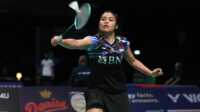 gregoria mariska tunjung di denmark open 2023 Gregoria Mariska Tunjung ketika melawan Nozomi Okuhara asal Jepang di babak pertama Denmark Open 2023, Jyske Bank Arena, Odense, Selasa (17/10/2023). (pbsi.id)