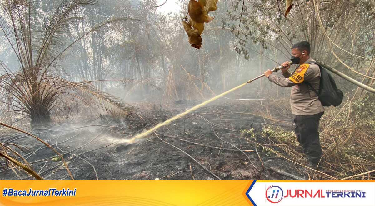 Kapolres Inhil AKBP Norhayat bersama anggota dan Koramil 09/Kemuning turun langsung menangani Kebakaran hutan dan lahan (Karhutla) di Parit Cahaya Timur Dusun Plasma, Desa Pancur, Kecamatan Keritang, Rabu (18/10/2023). (JurnalTerkini.id/Abdullah)