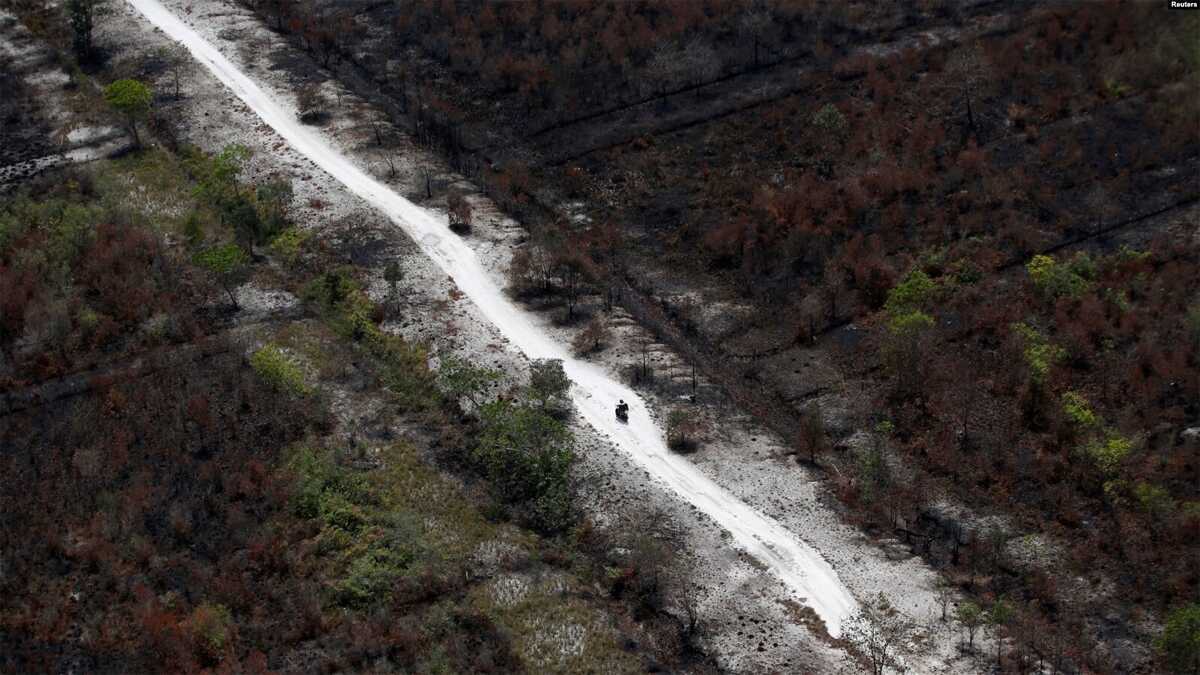 kebakaran hutan di banjarmasin Seorang pengendara sepeda motor melintasi kawasan yang terbakar akibat kebakaran hutan dekat Banjarmasin, Provinsi Kalimantan Selatan, 29 September 2019. (Foto: REUTERS/Willy Kurniawan)
