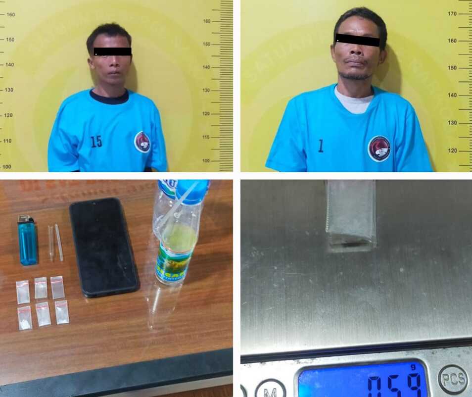 nyabu ditangkap polisi di asahan Dua pria beserta barang bukti sabu yang diamankan di kamar mandi oleh Unit Reskrim Polsek Air Joman, Kamis (12/10/2023). (Dokumentasi Polsek Air Joman)
