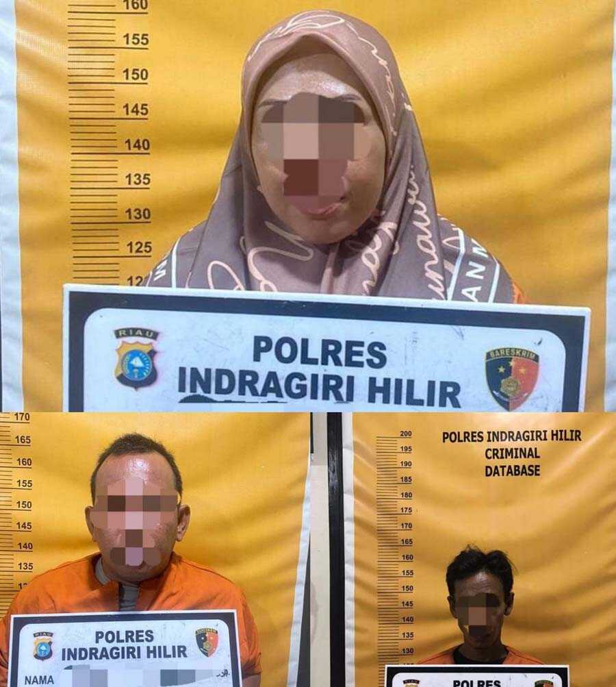 Tiga tersangka, dua di antaranya suami istri yang ditangkap polisi di Kecamatan Tembilahan, Kamis (19/10/2023) karena diduga mengedarkan narkoba jenis sabu. (dok Polres Inhil)