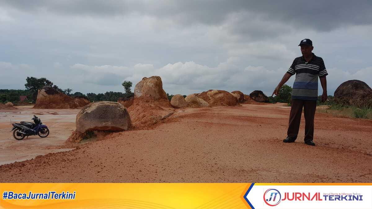 Ketua Dewan Pimpinan Pusat Laskar Melayu Serumpun Provinsi Kepulauan Riau (Kepri) Datuk Azman Zainal, Rabu (8/11/2023) memperlihatkan lahan milik Nyok Min alias Peng Tie di Kampung Baru, Kelurahan Tebing, Kecamatan Karimun, Kabupaten Karimun, yang rata diduga akibat pencurian material tanah untuk penimbunan kawasan perumahan. (jurnalterkini.id/rusdi)