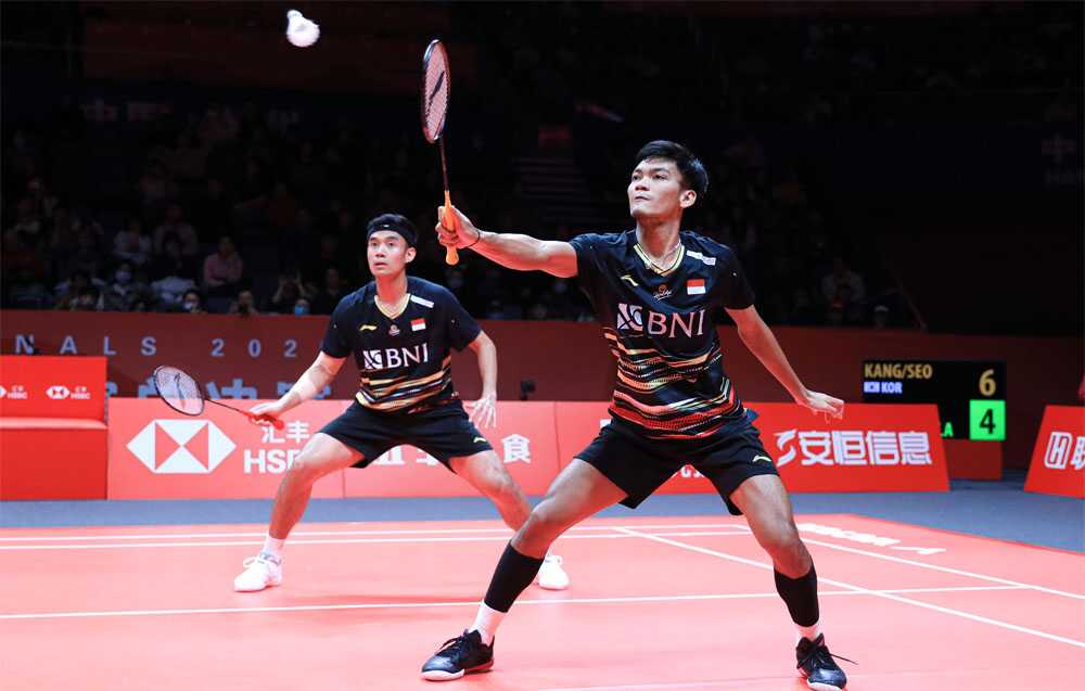 fikri-bagas-1 Fikri/Bagas saat melawan Kang Min Hyuk/Seo Seung Jae di turnamen tutup, BWF World Tour Finals 2023 di Hangzhou, Tiongkok, Kamis (14/12/2023).. (pbsi.id)