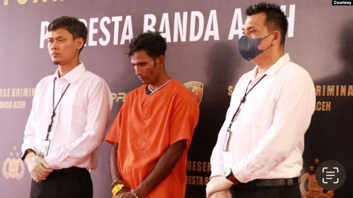 penyelundupan etnis rohingya Muhammad Amin (MA) tersangka kasus penyelundupan manusia khususnya pengungsi etnis Rohingya ke Indonesia. Senin 18 Desember 2023. (Courtesy: Polresta Banda Aceh)