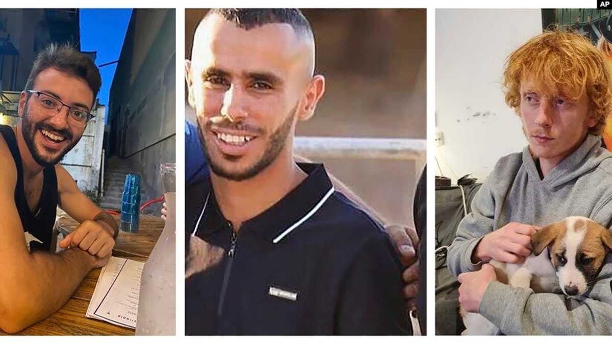 sandera israel Tiga warga Israel yang disandera Hamas, tapi tewas ditembak oleh tentara Israel di perbatasan Gaza, dari kiri Alon Shamriz, Samer Al-Talalka dan Yotam Haim, 15 Desember 2023. (Foto: Keluarga Shamriz, Al-Talalka dan Haim families via AP)