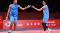 world tour finals- fajar-rian Ganda putra Indonesia Fajar/Riau merayakan kemenangan atas Bagas/Fikri dalam pertandingan pertama World Tour Finals 2023 di Hangzhou Olympic Sports Centre Gymnasium, Hangzhou, Rabu (13/12/2023). (pbsi.id)
