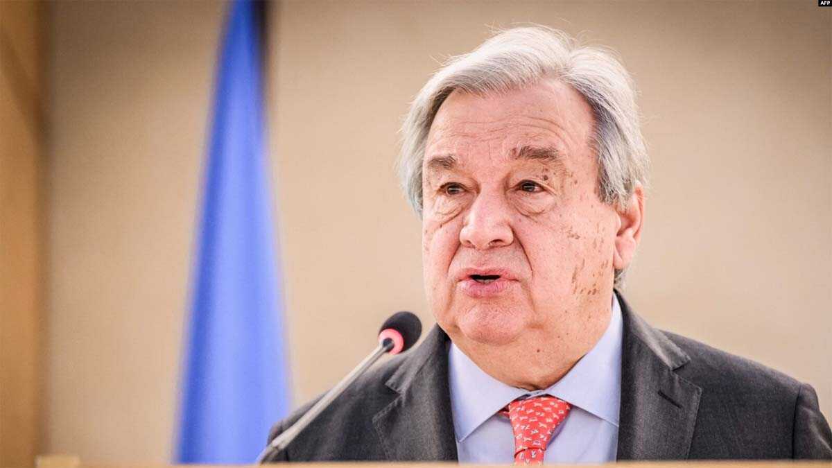Sekretaris Jenderal PBB Antonio Guterres menyampaikan pidato pembukaan sesi ke-55 Dewan Hak Asasi Manusia di Jenewa, 26 Februari 2024. (GABRIEL MONNET/AFP)