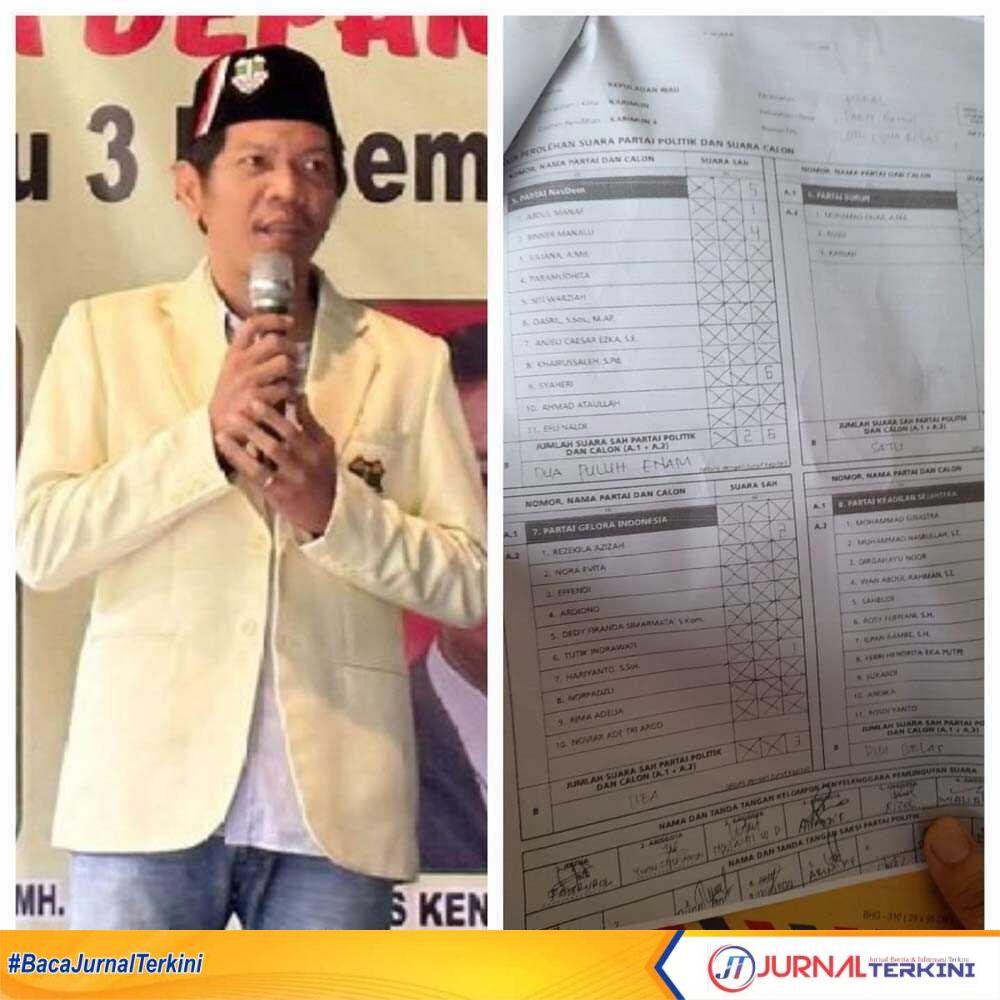 Ketua Pemuda Katolik Kepri Vandarones Purba dan form hasil hitung suara yang dipersoalkan caleg DPRD Karimun dapil Karimun 4 dari Partai Nasdem nomor urut 2, Binner Manalu. (jurnalterkini.id/jansen m silalahi)