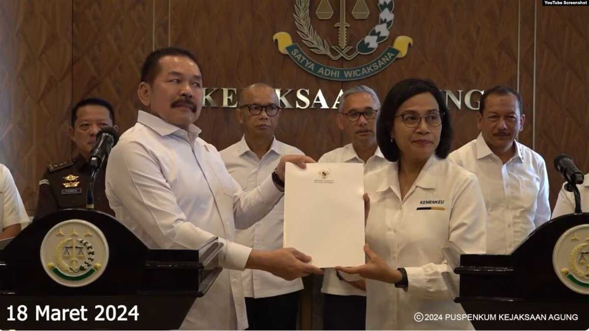 Jaksa Agung ST Burhanuddin menerima kunjungan Menteri Keuangan RI Sri Mulyani, 18 Maret 2024. (YouTube/@kejaksaanri3625)