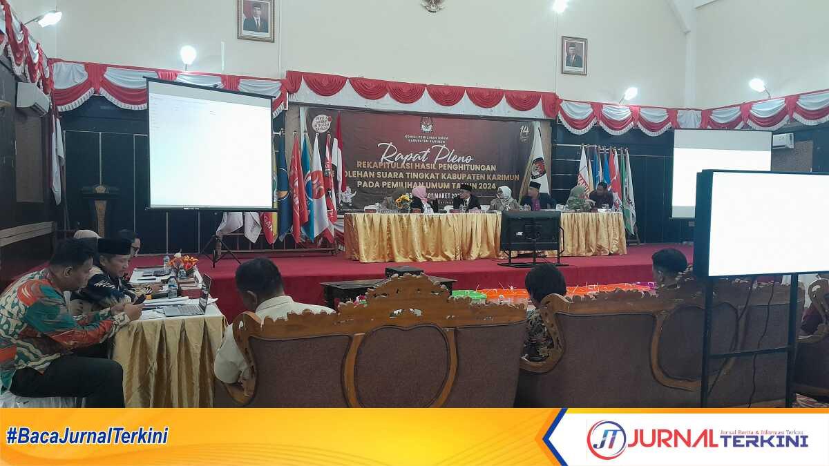 KPU Karimun menggelar rapat pleno rekapitulasi hasil penghitungan perolehan suara Pemilu 2024 di Gedung Nasional, Tanjung Balai Karimun yang resmi berakhir pada Sabtu (2/3/2024). (jurnalterkini.id/jansen)