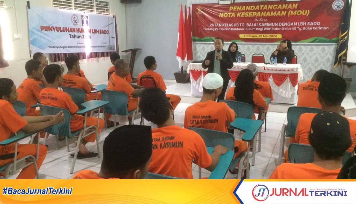 LBH Sado-Rutan Karimun kerja sama penyuluhan hukum Penandatanganan Nota Kesepahamanan atau MoU antara Rutan Kelas IIB Tanjung Balai Karimun dengan LBH SADO tentang Penyuluhan Hukum bagi Warga Binaan Pemasyarakatan di Rutan Kelas IIB Tanjung Balai Karimun, Kamis (30/5/2024). (jurnalterkini.id/jansen)