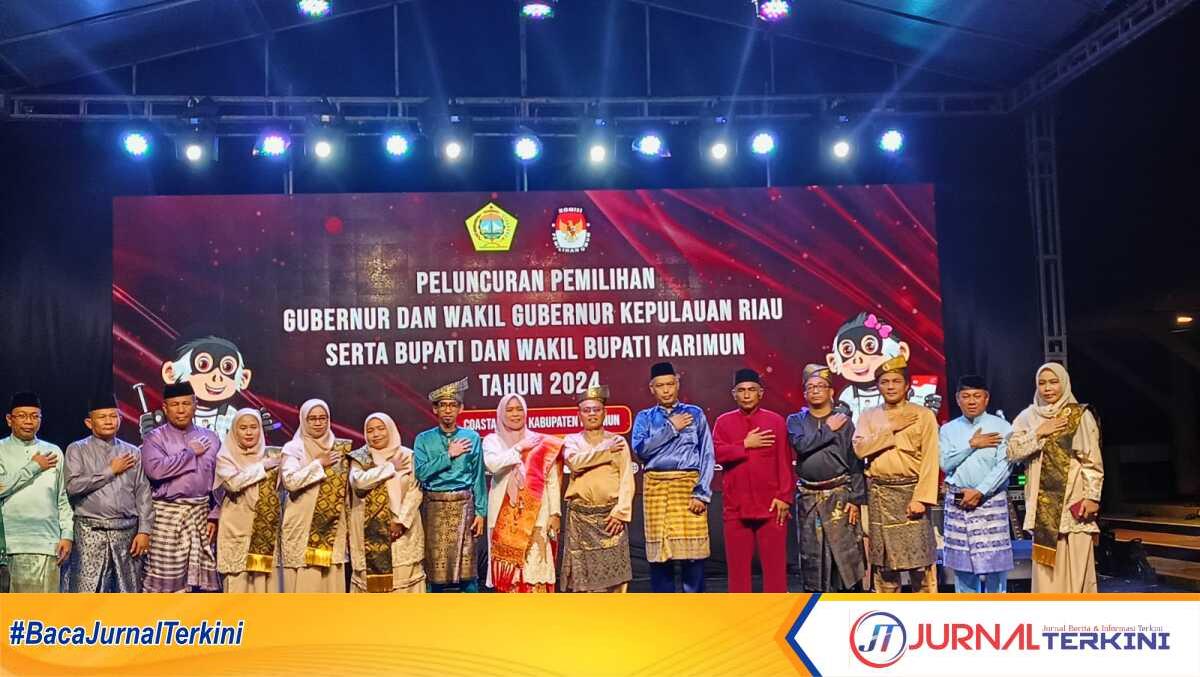 kekah maskot Pilkada Kepri 2024 Kekah, hewan sejenis kera di Kabupaten Natuna terpampang di kiri-kanan backdrop peluncuran Pilkada 2024 yang digelar KPU Karimun di Coastal Area, Tanjung Balai Karimun, Senin (27/5/2024). (jurnalterkini.id/edy)