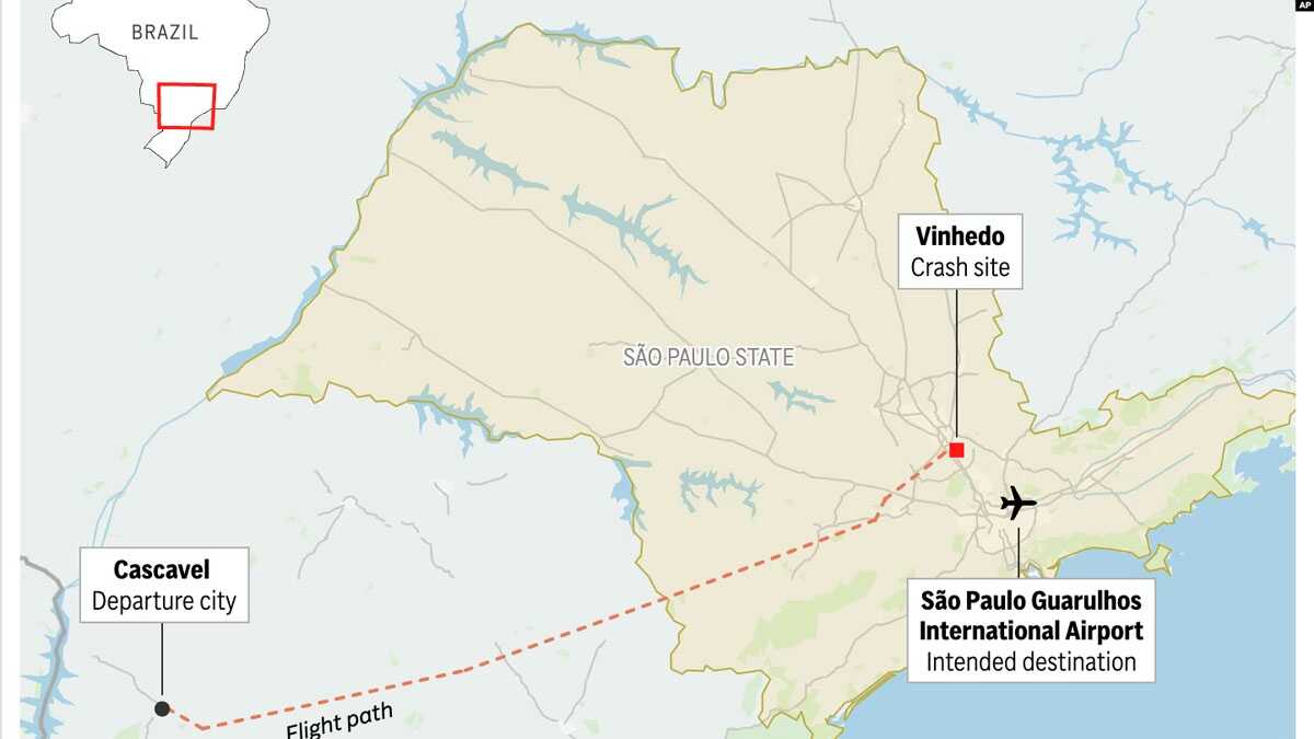 brazil Peta lokasi yang menunjukkan tiga lokasi: lokasi keberangkatan, tujuan, serta lokasi jatuhnya pesawat komersial Brazil yang jatuh hari Jumat, 9 Agustus 2024. (foto: AP)