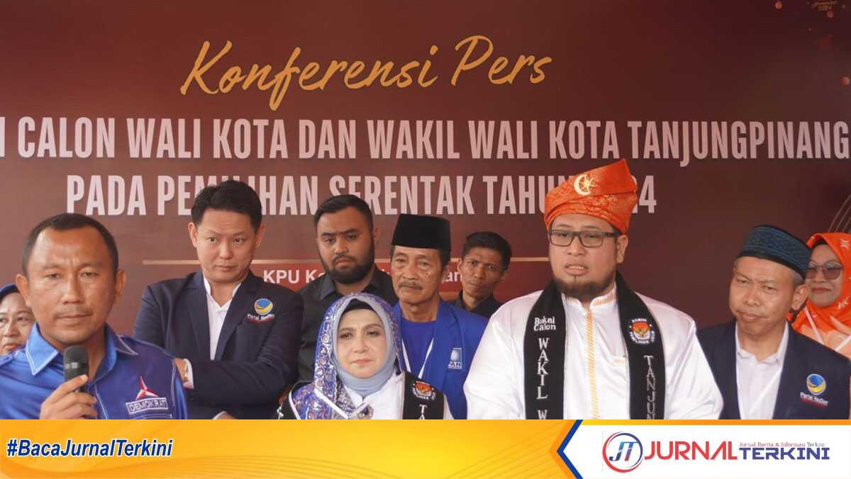Pasangan calon walikota dan wakil walikota Rahma dan Rizha Hafis menggelar konferensi pers usai mendaftar ke KPU Kota Tanjungpinang, Kamis (29/8/2024). (jurnalterkini.id/anton)