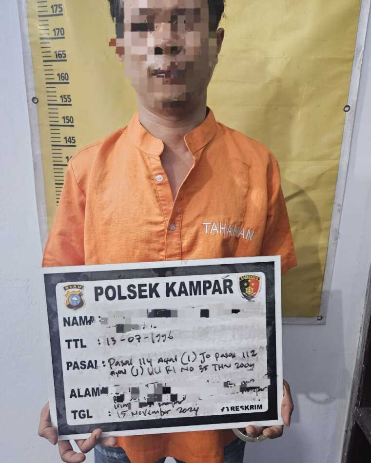 Polsek Kampar tangkap pengedar narkoba PE (28) diduga pengedar narkoba ditangkap di Dusun Balai Jering, Desa Sungai Jalau, Kecamatan Kampar Utara, Kabupaten Kampar, Jum'at (15/11/2024). (Foto: Humas Polres Kampar)