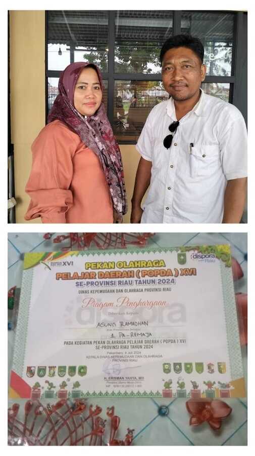 bonus atlet disdikpora kampar Foto atas: Zulfitra dan Sulismawati. orang tua Agung Ramadhan, atlet cabang olahraga (Cabor) Pencak Silat pada ajang Pekan Olahraga Pelajar Daerah (POPDA). Foto bawah: Piagam penghargaan Agung Ramadhan. (JurnalTerkini.id/canggih)