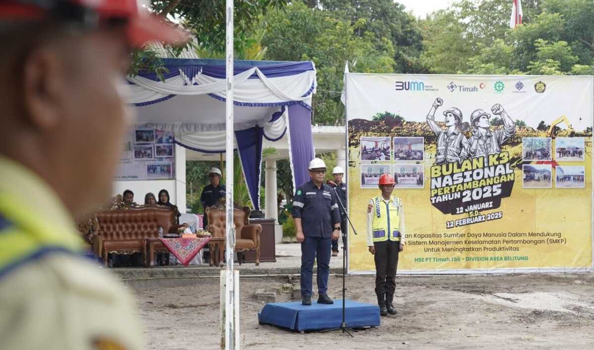 PT Timah Area Belitung menyelenggarakan Apel Peringatan Bulan K3 Nasional di Halaman Kantor Department Pengawas Produksi Darat, Tanjungpandan, Kabupaten Belitung, Selasa (11/2/2025). (Timah)