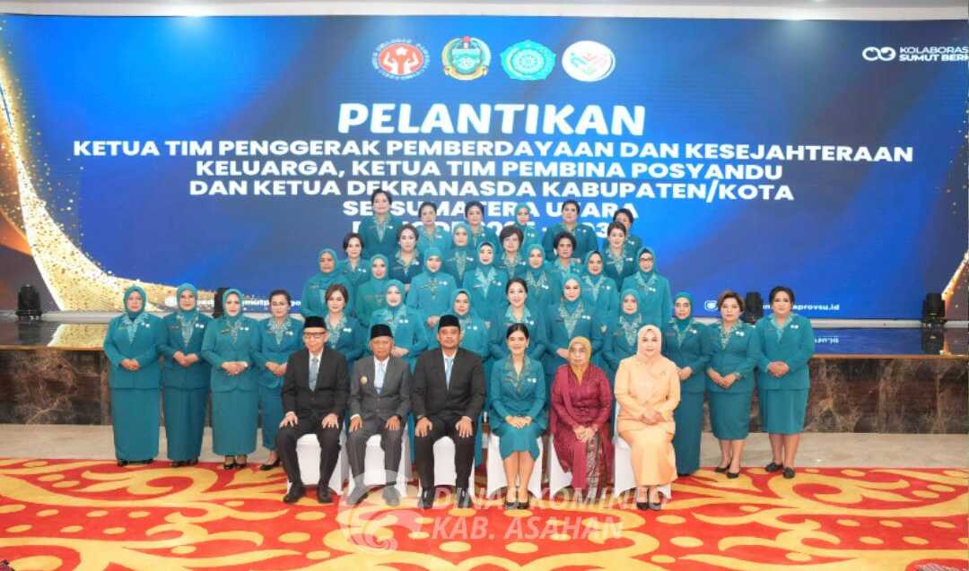 Ketua Tim Penggerak Pemberdayaan Keluarga (TP PKK) Provinsi Sumatera Utara Ny Kahiyang Ayu M Bobby Afif Nasution melantik Ny Yusnila Indriati Taufik menjadi Ketua TP PKK, Ketua Tim Posyandu dan Ketua Dekranasda Kabupaten Asahan, di kantor gubernur, Kamis (13/3/2025). (Diskominfo Asahan)