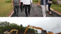 Anggota/Deputi Bidang Infrastruktur Badan Pengusahaan (BP) Batam, Mouris Limanto meninjau progres pekerjaan pelebaran drainase hilir di kawasan Bengkong tepatnya di belakang perumahan Garden Avenue pada Senin (5/5/2025). (foto: humasbpbatam)
