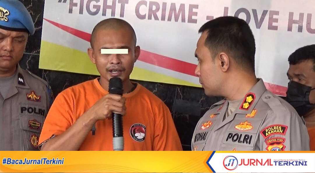 Kapolres Asahan menginterogasi BHS, tersangka pengedar narkoba jenis kokain yang diamankan di aeal perkebunan PT. BSP Kelurahan Mutiara, Kecamatan Kisaran Timur Kabupaten Asahan Minggu (20/4/2025). (JurnalTerkini.id/fran)