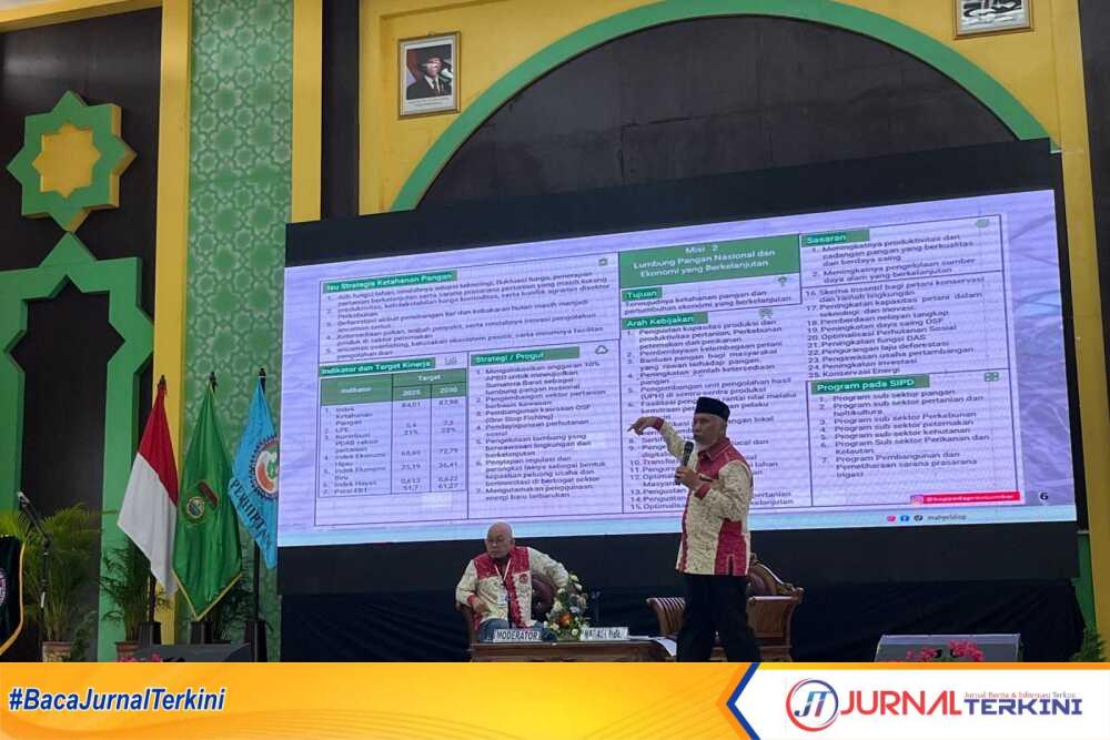 Gubernur Sumbar, Mahyeldi Ansharullah saat berbicara pada Rakernas Perhiptani 2025 di Palembang, Senin (14/07/2025). (Foto Adpim sumbar).