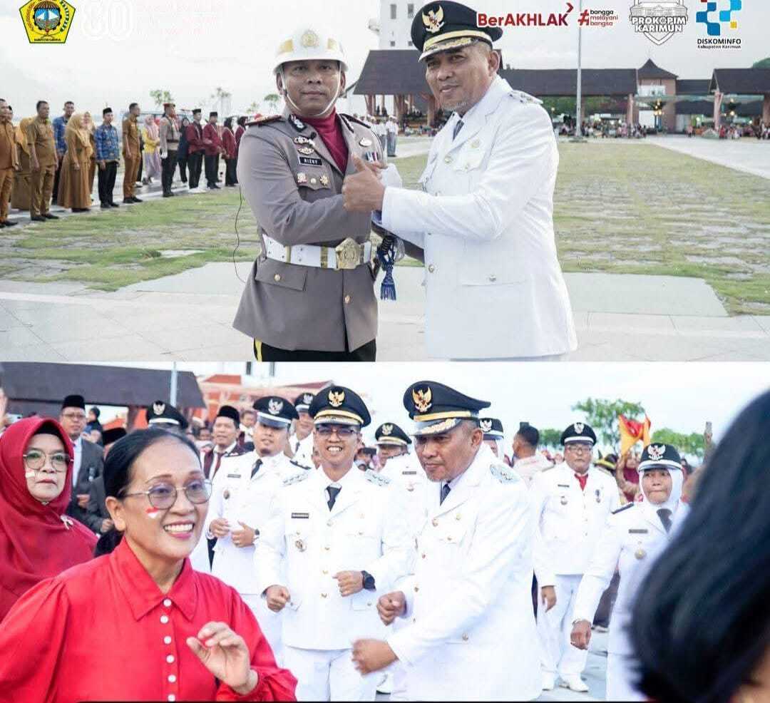 Wakil Bupati Karimun Rocky Marciano Bawole, S.Sos salam komandan bersama komandan upacara. (atas). Bupati H Ing Iskandarsya dan Wakil Bupati Rocku Marciano Bawole berpose usai upacara (bawah)