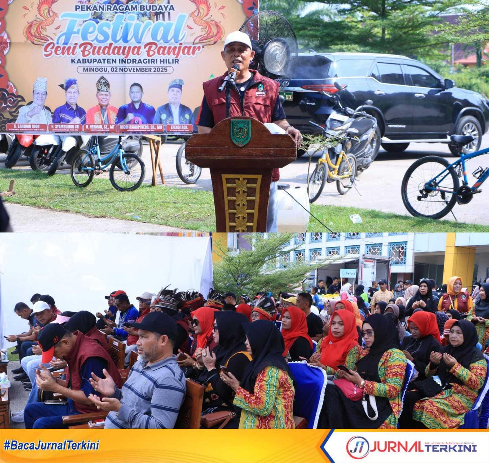 IMG-20251102-WA0021 Ket Foto: Bupati Inhil H Herman saat memberikan pidato membukakan festival Seni Budaya Banjar 2025, bertempat di Halaman Gedung Multi Years Jalan Swarna Bumi, Tembilahan. Minggu (02/11/2025).