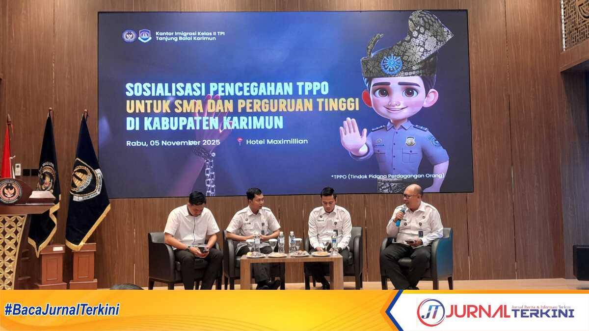 Acara sosialisasi tentang Tindak Pidana Perdagangan Orang (TPPO) yang digelar Kantor Imigrasi Kelas II TPI Tanjung Balai Karimun yang diikuti para kepala sekolah tingkat SMA sederajat dan pimpinan perguruan tinggi di Kabupaten Karimun, di salah satu hotel di Tanjung Balai Karimun, Rabu (5/11/2025). (JurnalTerkini.id/rusdi)
