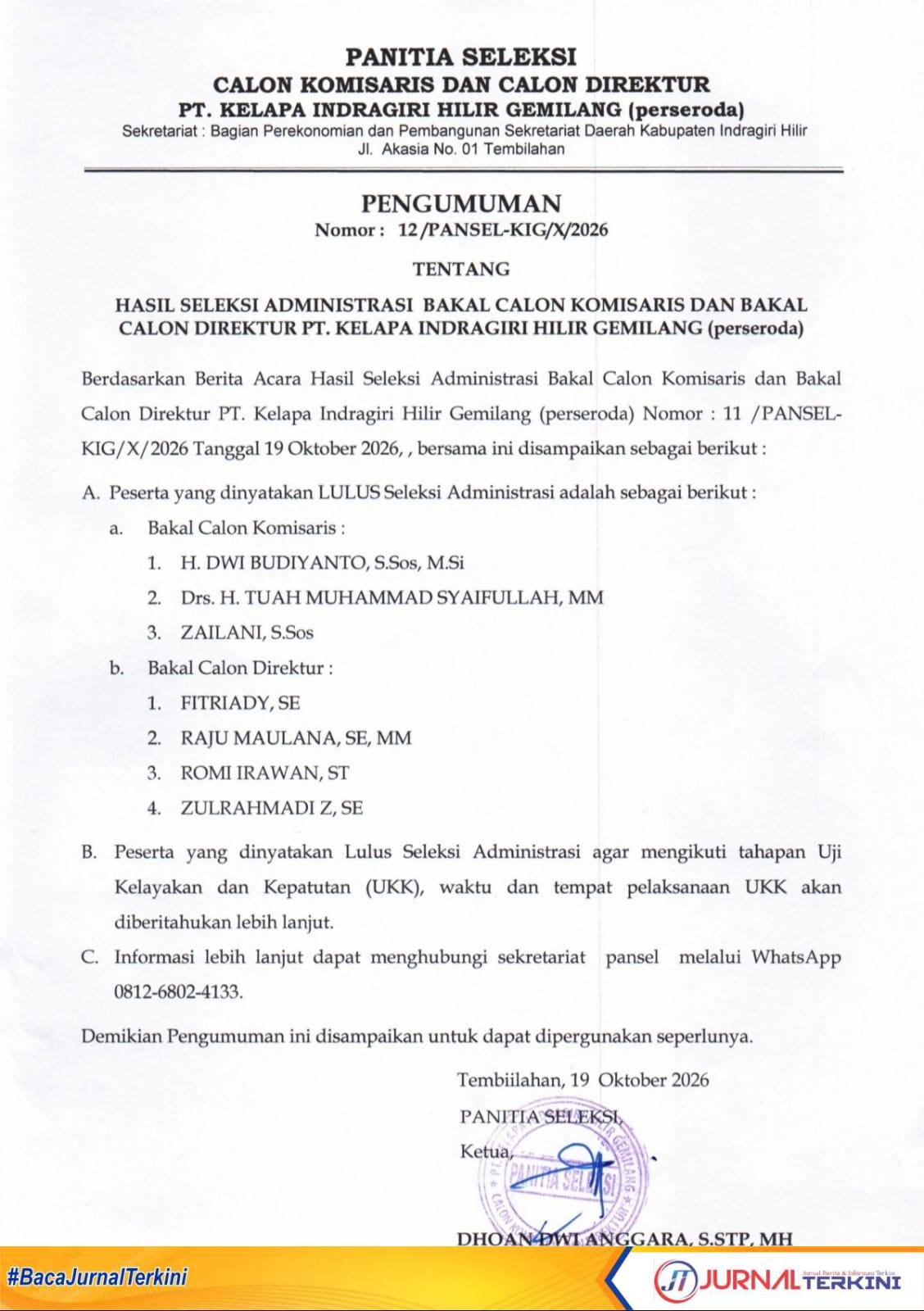 Ket Foto: Selebaran hasil calon Administrasi Bakal Calon Komisaris dan Bakal Calon Direktur PT Kelapa Indragiri Hilir Gemilang (Perseroda).