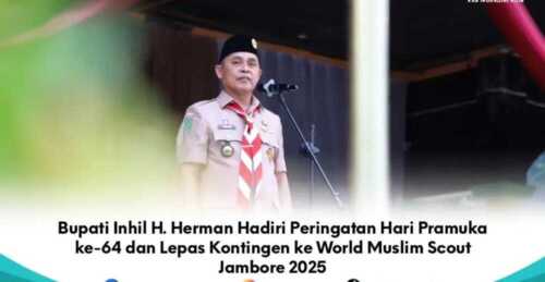Bupati Inhil H. Herman memimpin upacara peringatan Hari Pramuka ke-64 dan melepas kontingen ke World Muslim Scout Jambore 2025